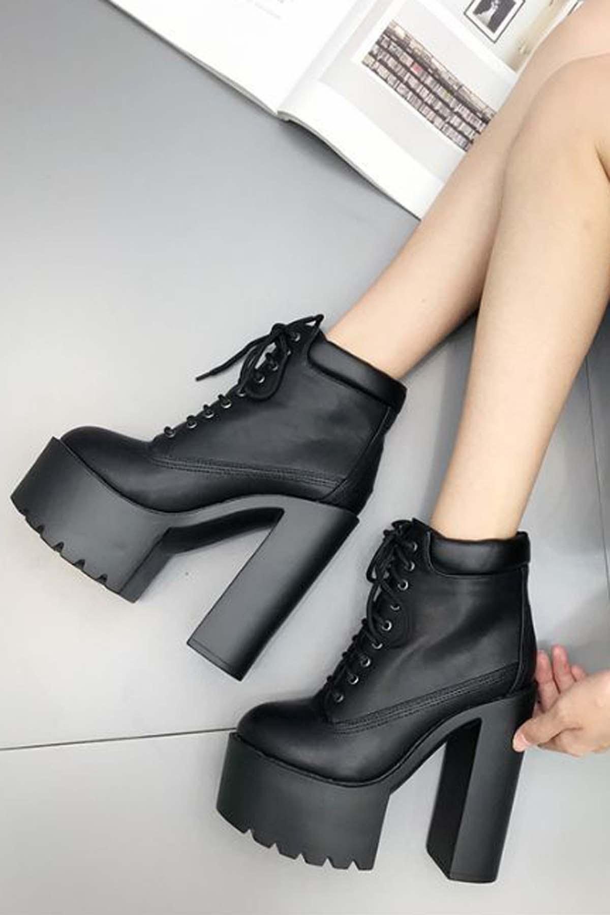 Black Pu Lace Up Platform Chunky High Heel Ankle Booties
