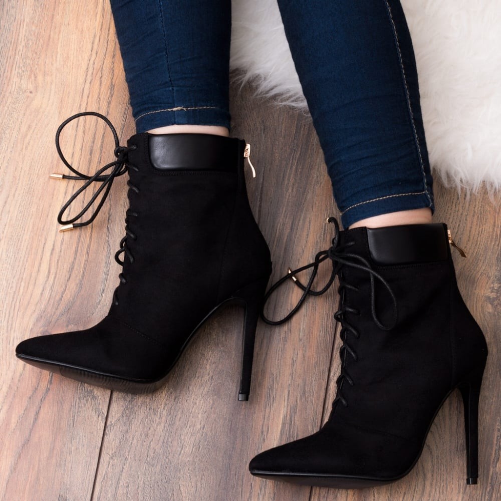 Black Suede High Heel Stiletto Ankle Boots Shoes