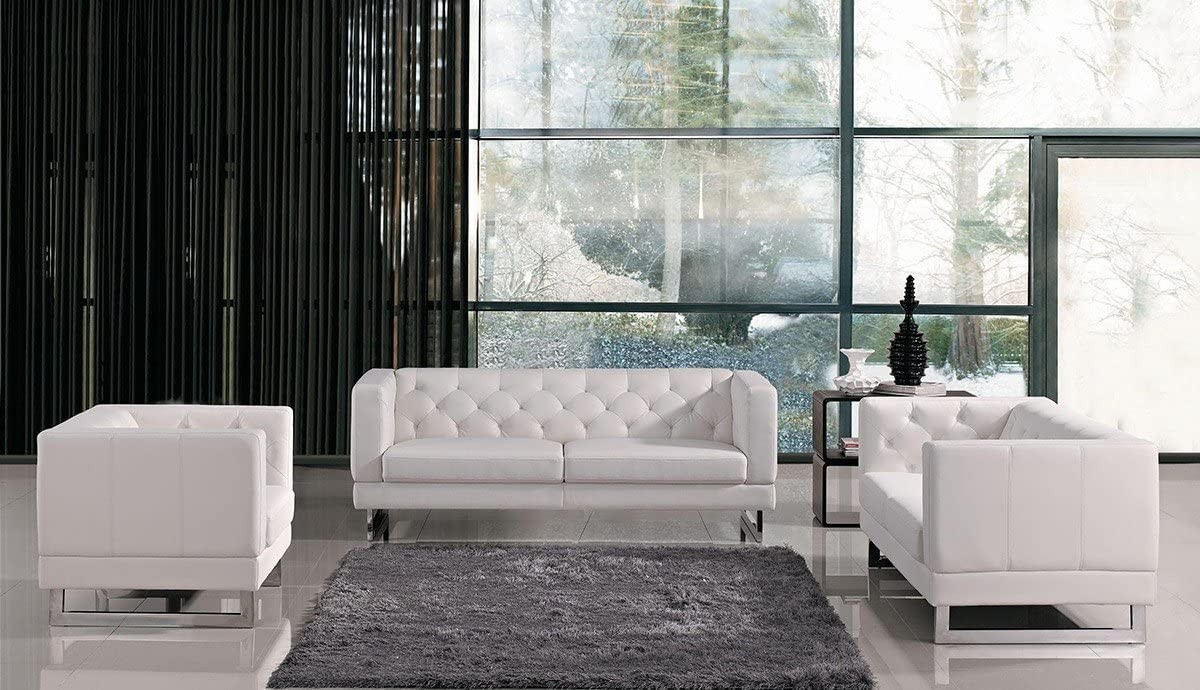 Gemma Collection Modern 3 Piece Living Room Tufted Eco-Leather Sofa Set, White