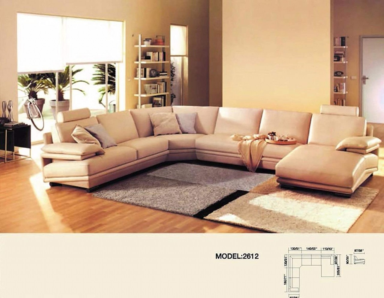 Luxury Perugia Morden Genuine Leather 6 Seater Sectional Sofa with Chaise
