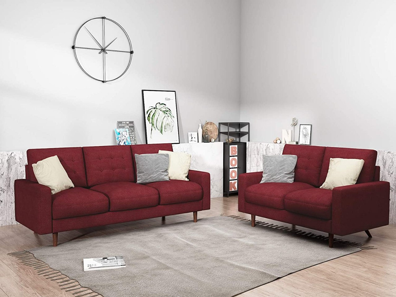 Modern Tufted Velvet Living Room Sofa Set, 2 Piece, Dark Red