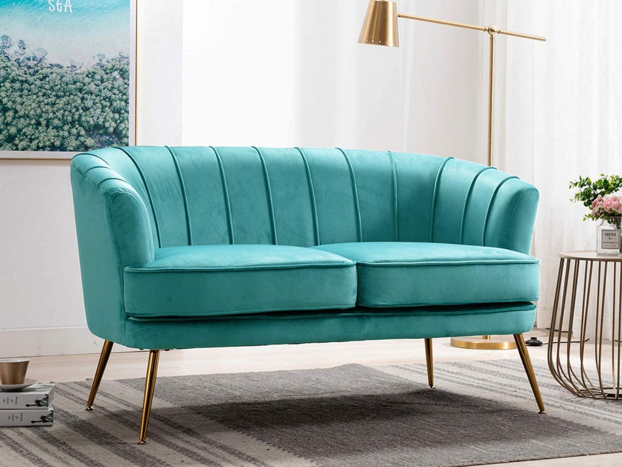 Velvet Loveseat Sofas Curved Tufted Sofas with Golden Finished Metal Legs
